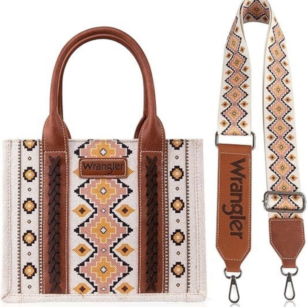 Wrangler Brown and Cream Tote with Geometric Pattern - Picture 1 of 5